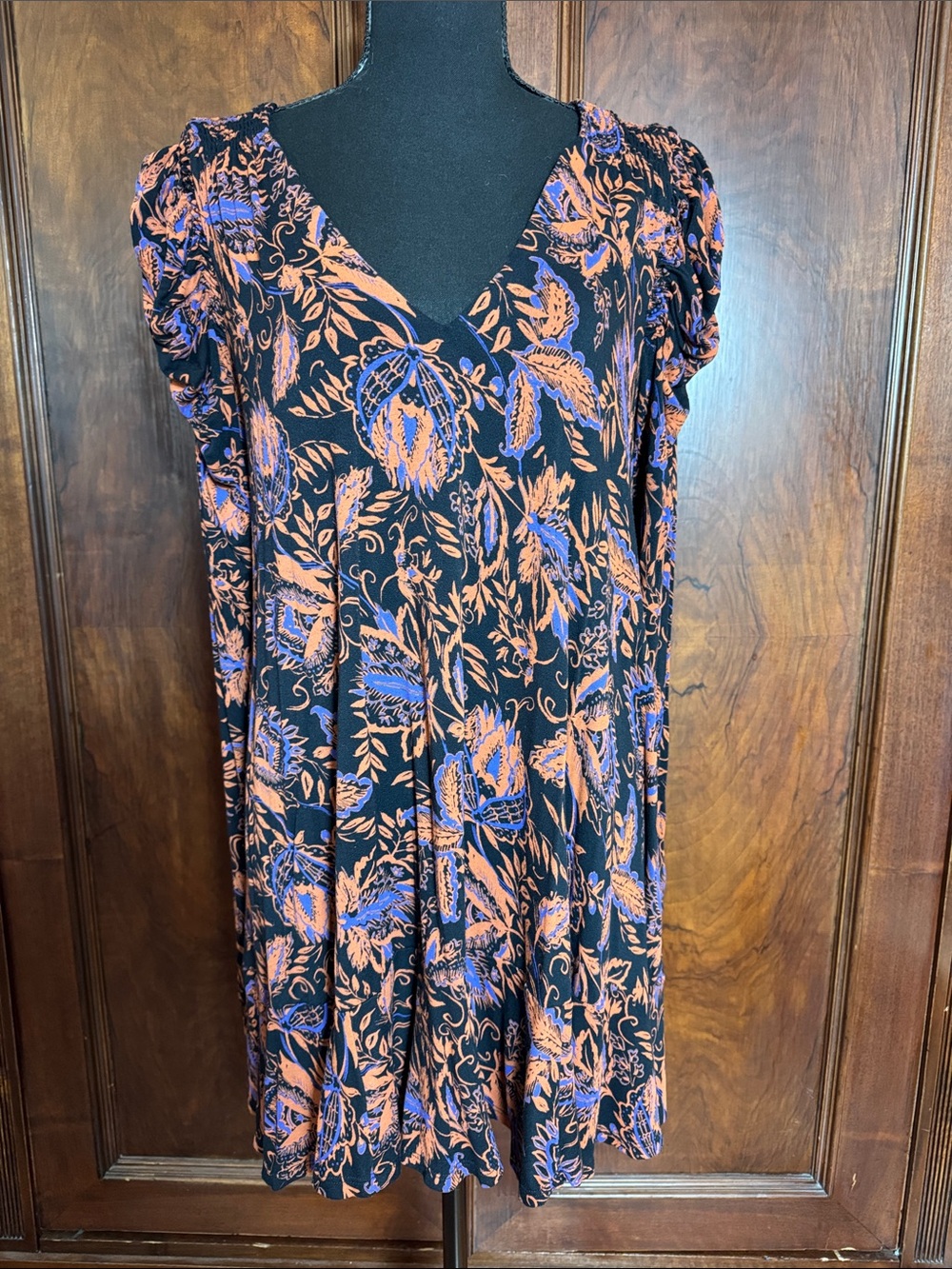 Free People Black Mini Dress with Orange and Blue Floral Print